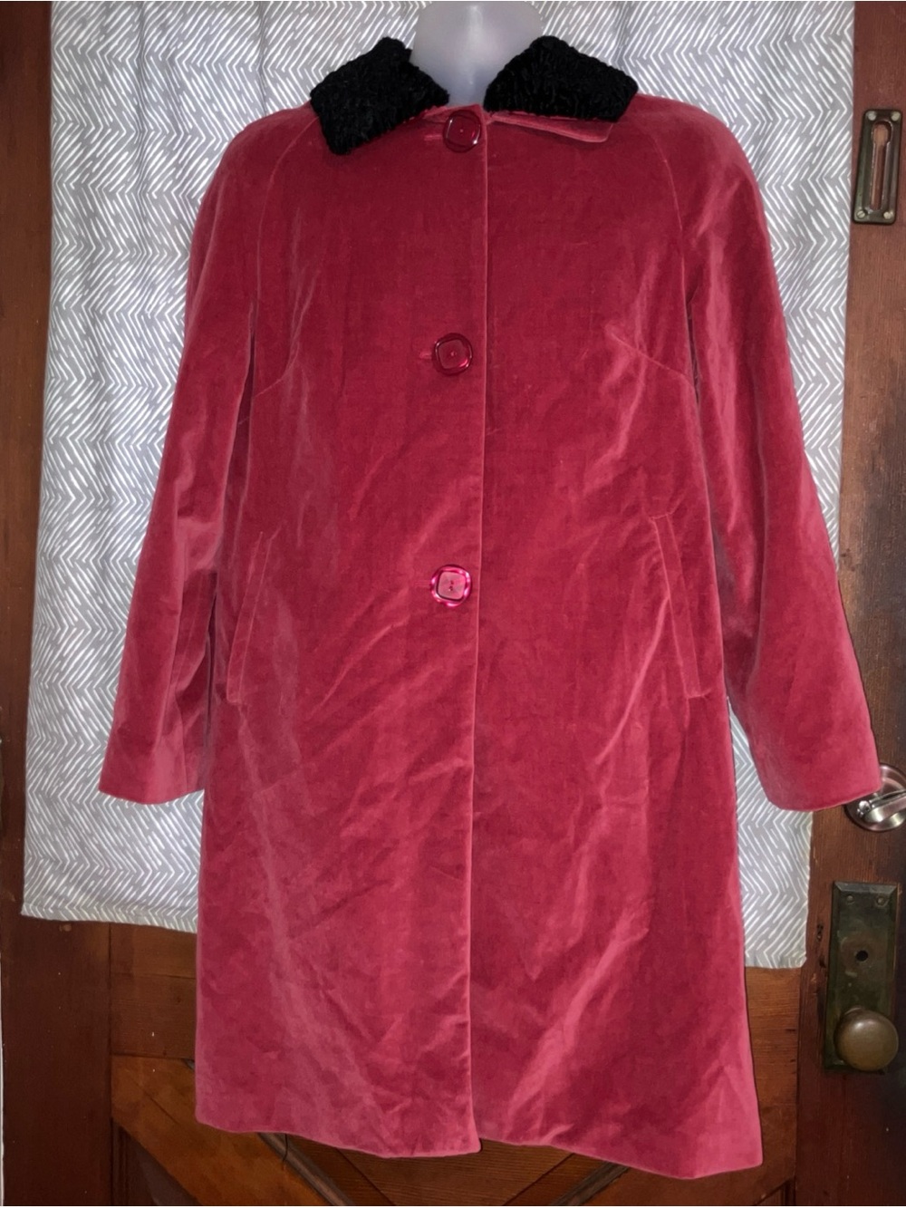 Liz Claiborne Red Velvet Pea Coat with Black Collar